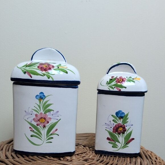 Vintage RC & CL Hand Painted Floral Canisters Set Of 2 Made In Portugal - Picture 3 of 11